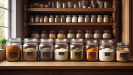 A sleek, modern kitchen counter showcasing a variety of flours in transparent glass jars, each labeled with their type.