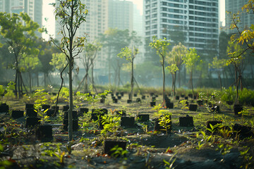 The concept reforestation by planting trees on city land.