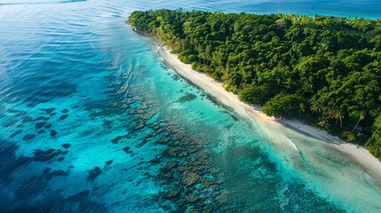 Obraz premium Paradise Found Aerial View of Tropical Island Oasis with Pristine Beaches Coral Reefs and Lush Greenery Perfect for Travel Brochures and Adventure Tourism Promotions