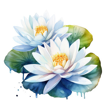 watercolor white water lilies on leaves