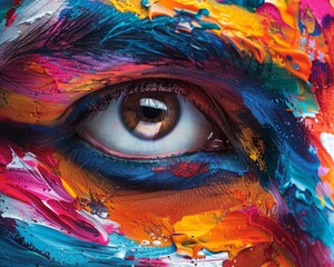 Fototapeta premium A close-up of a brown eye with colorful abstract brushstrokes around it. The vibrant colors create a dynamic and artistic look.