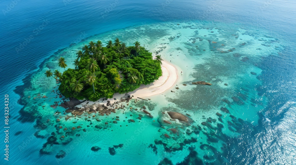 Wall mural Paradise Found Aerial View of Tropical Island Oasis with Crystal Clear Waters and Vibrant Coral Reefs Perfect for Travel and Ecotourism Promotions