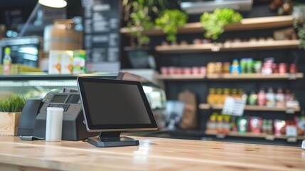 A close-up of a POS system on a wooden counter in a cafe, with shelves of products in the background.