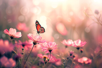The image features a butterfly on pink flowers with a blurred background. The flowers are of varying sizes and are located at different heights. Some flowers are closer to the viewer