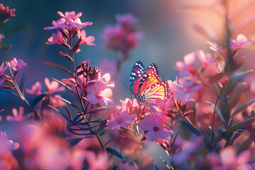 The image features a butterfly on pink flowers with a blurred background. The flowers are of varying sizes and are located at different heights. Some flowers are closer to the viewer