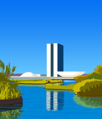 Contemporary, modern architecture in capital of Brazil. Cityscape of Latin American architecture. Vector graphic, illustration created by artist.