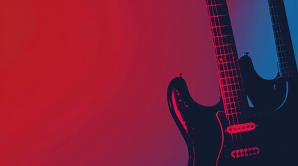 Obraz premium A close-up of an electric guitar with a red and blue gradient background. The guitar is in silhouette against the bright colored background.
