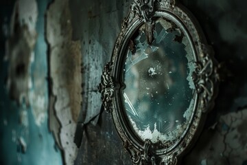 Fototapeta premium A close-up of an ornate, antique mirror with a cracked and faded surface, reflecting a distorted image. The mirror is mounted on a weathered wall.