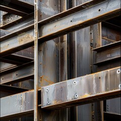 A close-up of an intricate steel structure, showing the rusty beams and bolts.