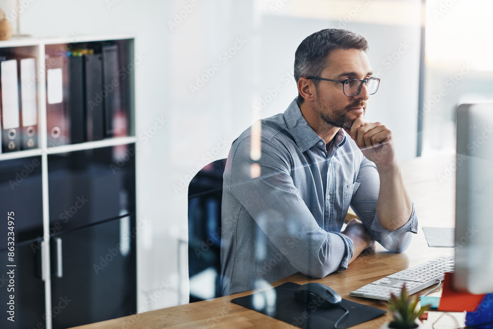 Fototapete Business man, thinking and problem solving on computer for information technology or software update solution. Programmer or online developer reading on desktop for decision, ideas and reflection