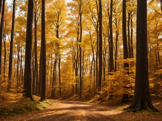 Naklejka premium Forest path surrounded by tall trees with golden autumn leaves
