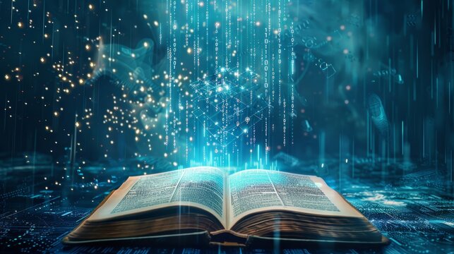 Digital Knowledge Nexus Illuminating the Future of Learning with Holographic Data Nodes and Glowing Binary Code on Open Book Futuristic and Magical Concept for Information Technology Design