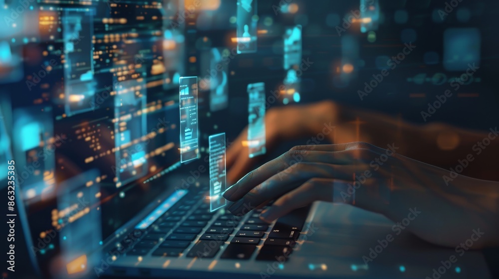 Wall mural futureforward digital workspace hands typing on laptop with holographic data icons technology effici