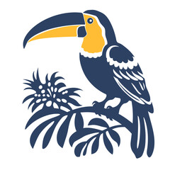 A colorful toucan bird perched on a branch with tropical leaves in the background