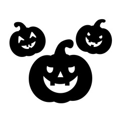 Three black silhouette pumpkins with carved jack-o-lantern faces