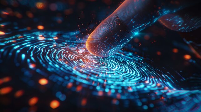 Biometric Security Futuristic Data Fingerprint Scanner with Holographic Interface Concept of Personal Identification and Advanced Technology