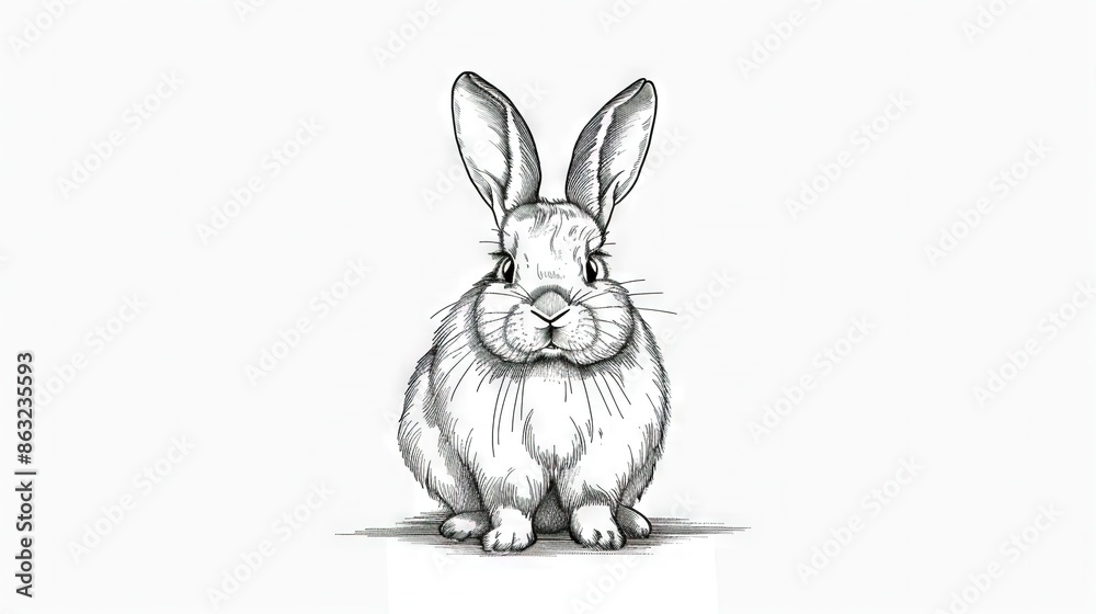 Wall mural   A monochrome illustration of a rabbit seated against a white backdrop, featuring a black and white line art depiction of the animal's facial features - Wall murals