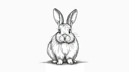 Obraz premium A monochrome illustration of a rabbit seated against a white backdrop, featuring a black and white line art depiction of the animal's facial features