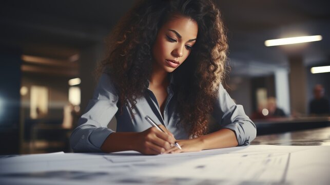 Young african american female architect analyzing blueprints and city plans at office desk