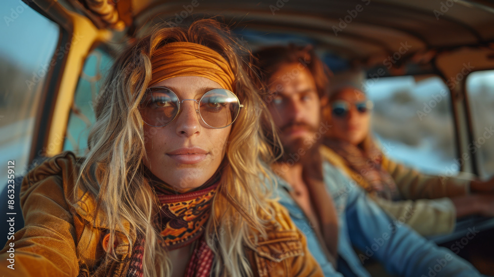 Canvas Prints Multi-ethnic hippie friends in a minivan on a road trip