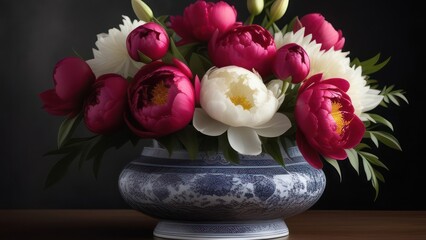 Obraz premium An elegant centerpiece featuring a variety of ornamental flowers such as peonies, lilies, and chrysanthemums, arranged in a classic porcelain vase with intricate designs.