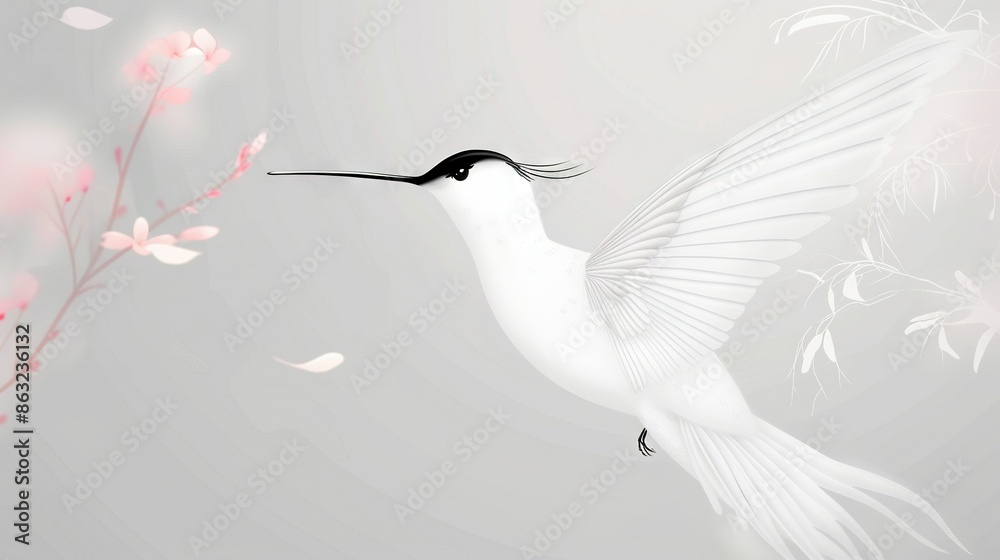 Poster white bird with black beak and tail, flying over branch with pink flowers against gray background