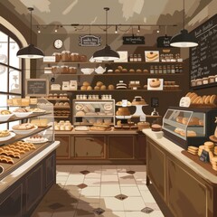 Fototapeta premium A cozy bakery interior with shelves stocked with baked goods and pastries, inviting customers to enjoy a sweet treat.