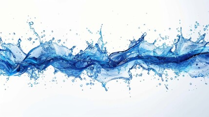 A dynamic image of blue water swirling with small bubbles, creating an artistic wave-like pattern on a white background.