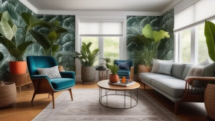 Fototapeta premium A vibrant, eclectic living space with a focus on large, leafy tropical plants.