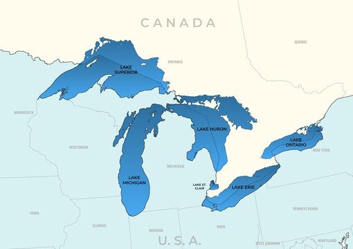 Great Lakes of North America, political map. Lake Superior, Michigan, Huron, Erie and Lake Ontario. A series of large interconnected freshwater lakes on or near the border of Canada and United States