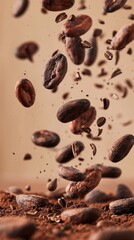 Obraz premium cocoa beans of light brown background, used to make cocoa and chocolate, with copy space