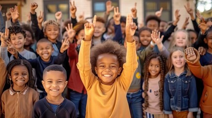 Fototapeta premium A group of diverse, cheerful children smiling and raising their hands in joy. The image captures a sense of fun, happiness, and unity among the multiethnic group.