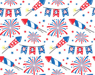 Obraz premium Seamless pattern with fireworks, banners and sparklers for Independence Day. Fourth of July vector background in flat style