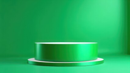 Green podium display with wave curtain on green background. Empty pedestal for  presentation.