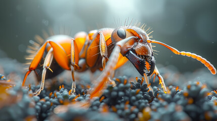 Obraz premium A close up of a large orange ant with its head down. The image has a mood of curiosity and intrigue, as the viewer is drawn to the ant's features and the way it is positioned on the ground