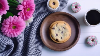 Obraz premium Table with wicker tray with gift box, flowers, cup of coffee, cookies.