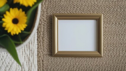 Picture frame, bouquet of flowers in wicker tray on rug