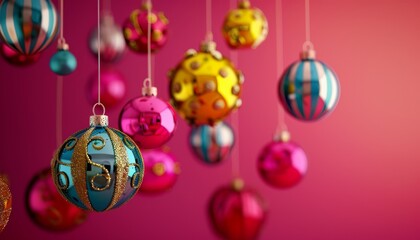 Fototapeta premium A festive collection of colorful Christmas ornaments hanging against a vibrant pink background.