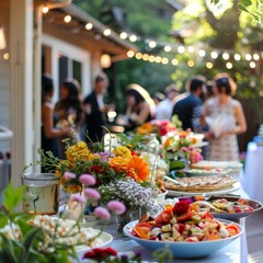 Fototapeta premium A festive outdoor party with a buffet table laden with delicious food and surrounded by guests. Flowers and string lights create a warm, inviting atmosphere.