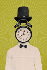 Sketch image composite trend artwork photo collage of huge clock show time instead head young man...