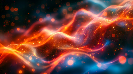 Obraz premium Neon Light Energy Waves on Black, Minimal Abstract Background. High Tech Cyberspace, Breakthrough Science, Business Success. Vibrant Colours, Sparkle Glow, Dynamic Fluid Motion. Universe, Multiverse