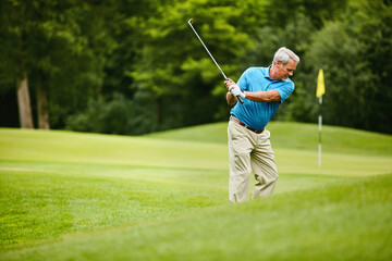 Mature man, happy and swing at golf course with sports for talent, retirement and training. Hobby, activity and smile in field or club for practice, fitness and exercise for health with fun on break