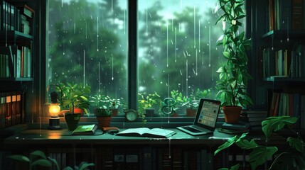 A cozy, empty interior with an open book and laptop on a desk by the window. Outside, it's raining. Surrounding the desk are bookshelves and lush green plants.