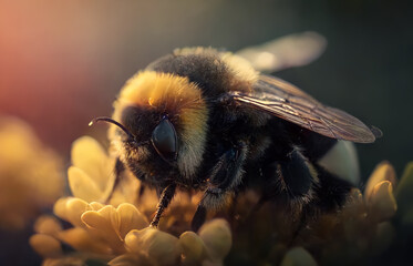 A bee is sitting on a flower. The bee is surrounded by a lot of flowers. The flowers are yellow and white