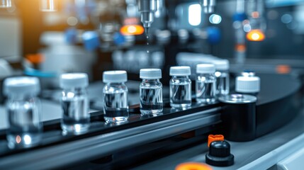Medical vials on a production line at a pharmaceutical factory. The image highlights the automated process used in modern medicine manufacturing and packaging.