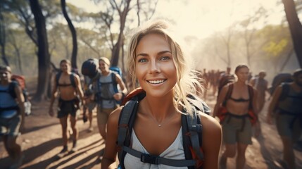 Naklejka premium Cheerful young woman smiling on stone mountain trail during hiking adventure with friends