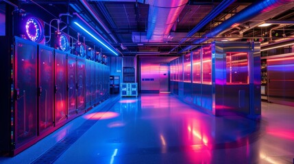 A futuristic server room with neon lights illuminating the rows of servers. The room is spacious and well-lit, giving a sense of advanced technology.