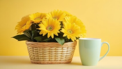 Fototapeta premium flower basket, gift box and coffee mug on pastel yellow background. Happy Mothers Day, International Women's Day, birthday concept