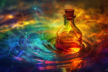 A glass bottle with a cork stopper floats on a swirling pool of vibrant, colorful liquid.  The bottle glows with an inner light.