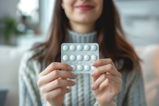Young woman holds hormonal oral contraceptives in her hands, takes pharmaceutical drugs for prevention, safe viral sexual disease, Pregnancy contraception, menstruation concept, birth control pills